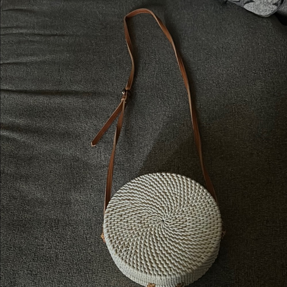 Round Woven Crossbody Bag - Cream and Brown